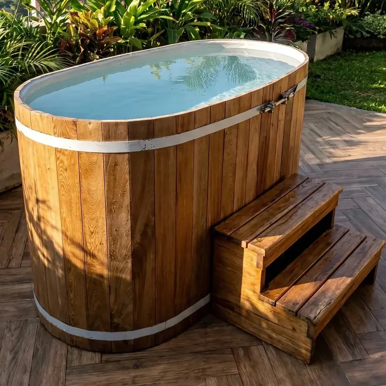 Cold plunge para 2 personas en madera sobre terraza de madera en formato cuadrado