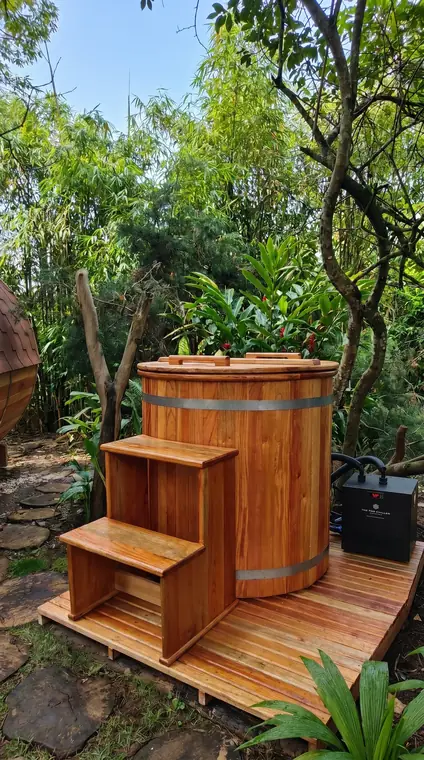 Cold plunge individual en madera instalado en terraza exterior en Colombia