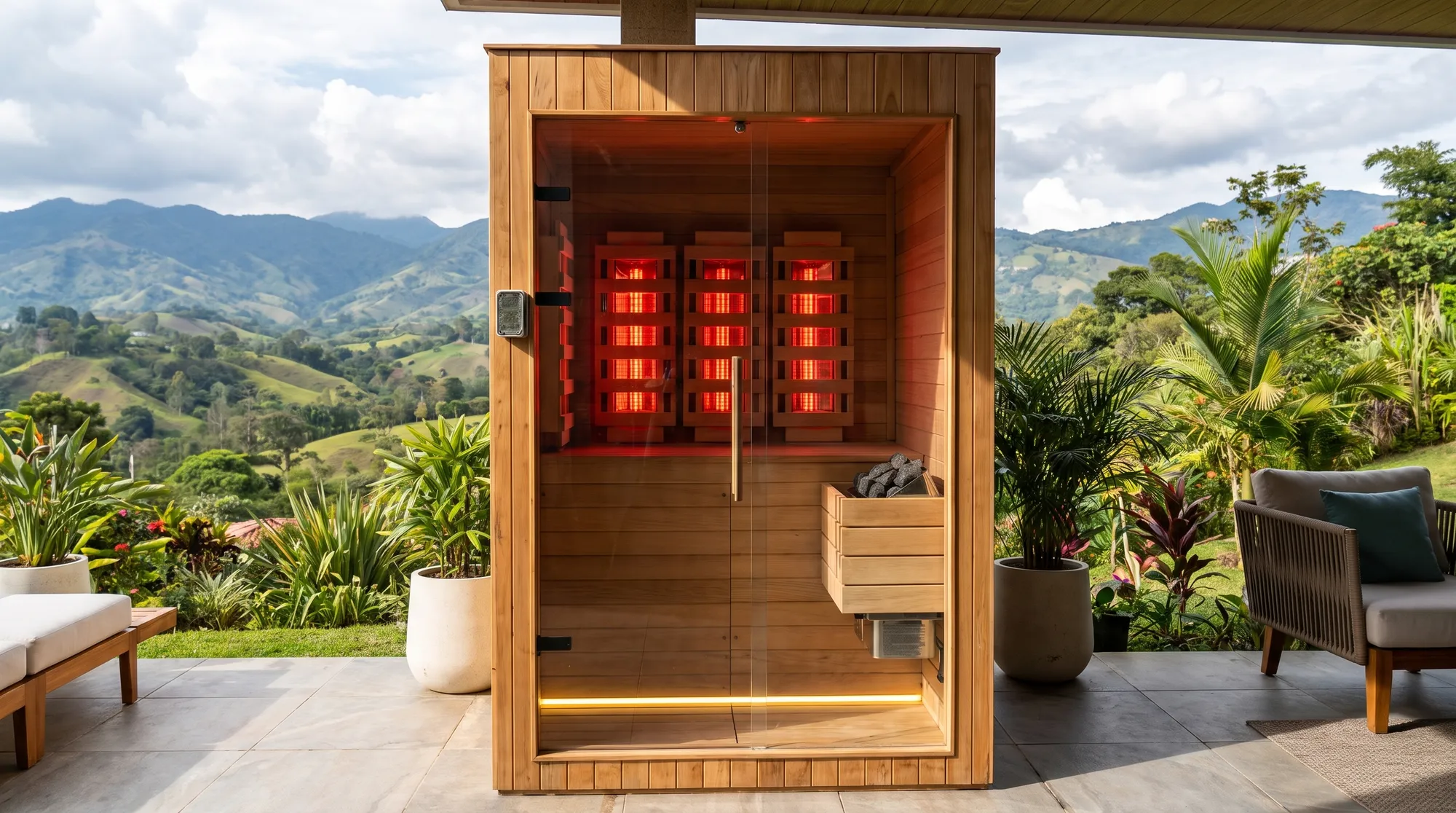 Sauna infrarroja híbrida para 1 a 2 personas en terraza con vista a las montañas