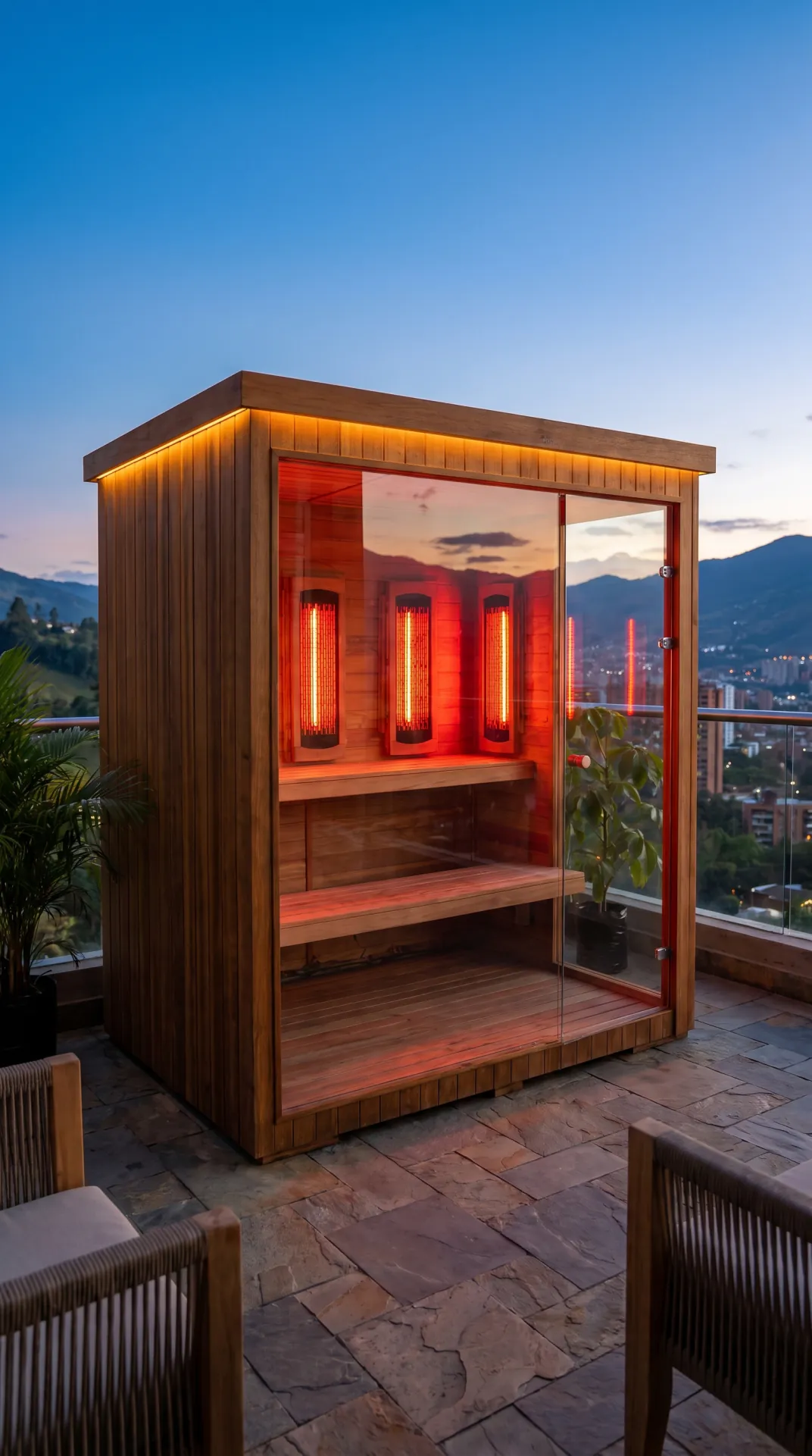 Vista vertical completa de sauna infrarroja para 4 a 6 personas instalada en terraza