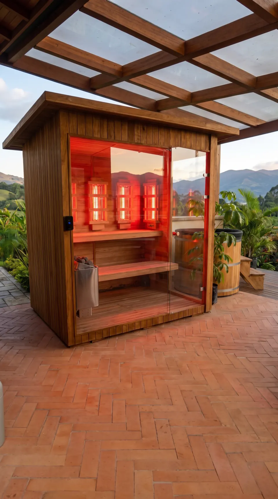 Vista completa vertical de sauna infrarroja híbrida para 4 a 6 personas