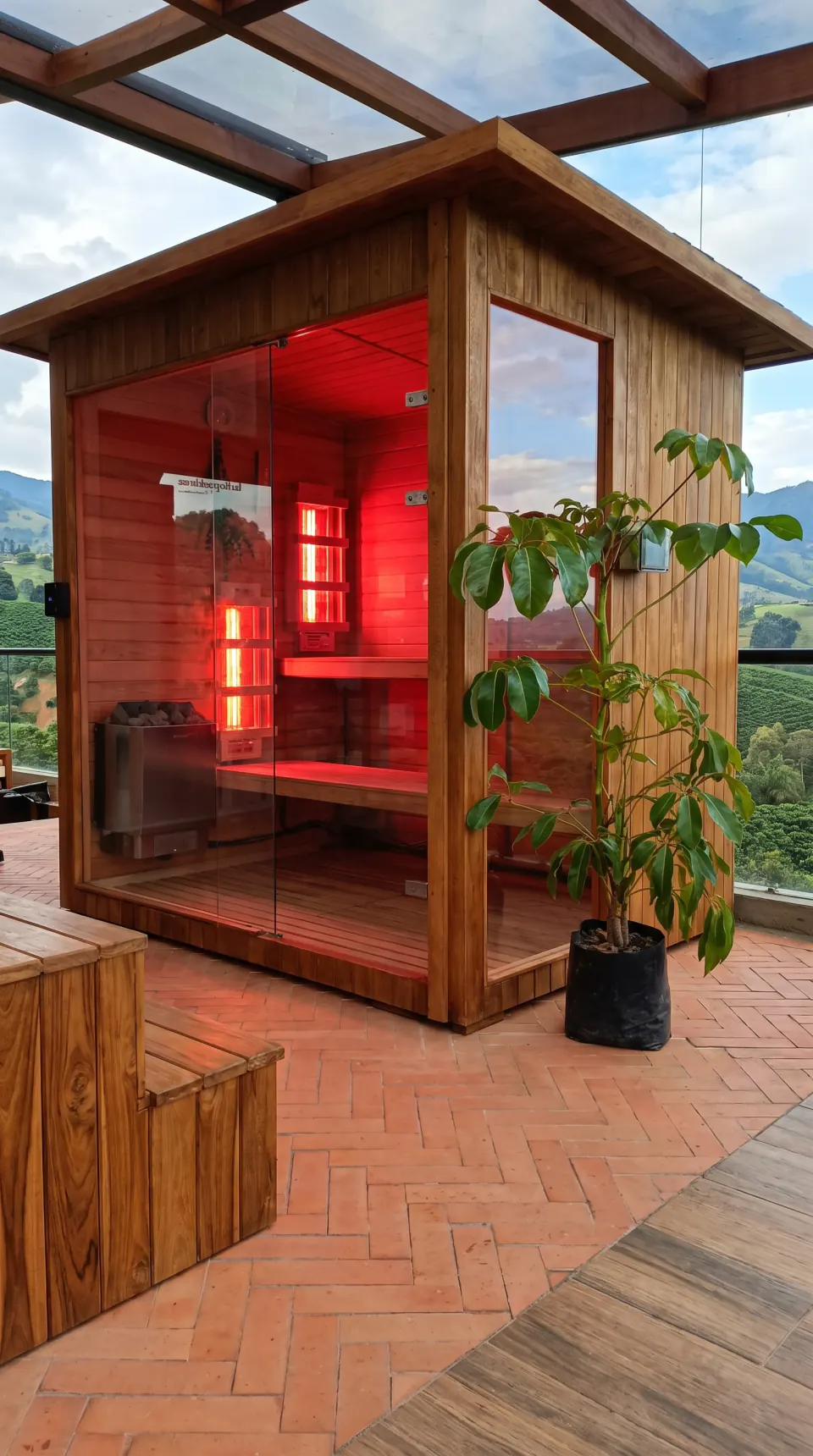 Vista lateral vertical de sauna infrarroja híbrida con paisaje de montaña