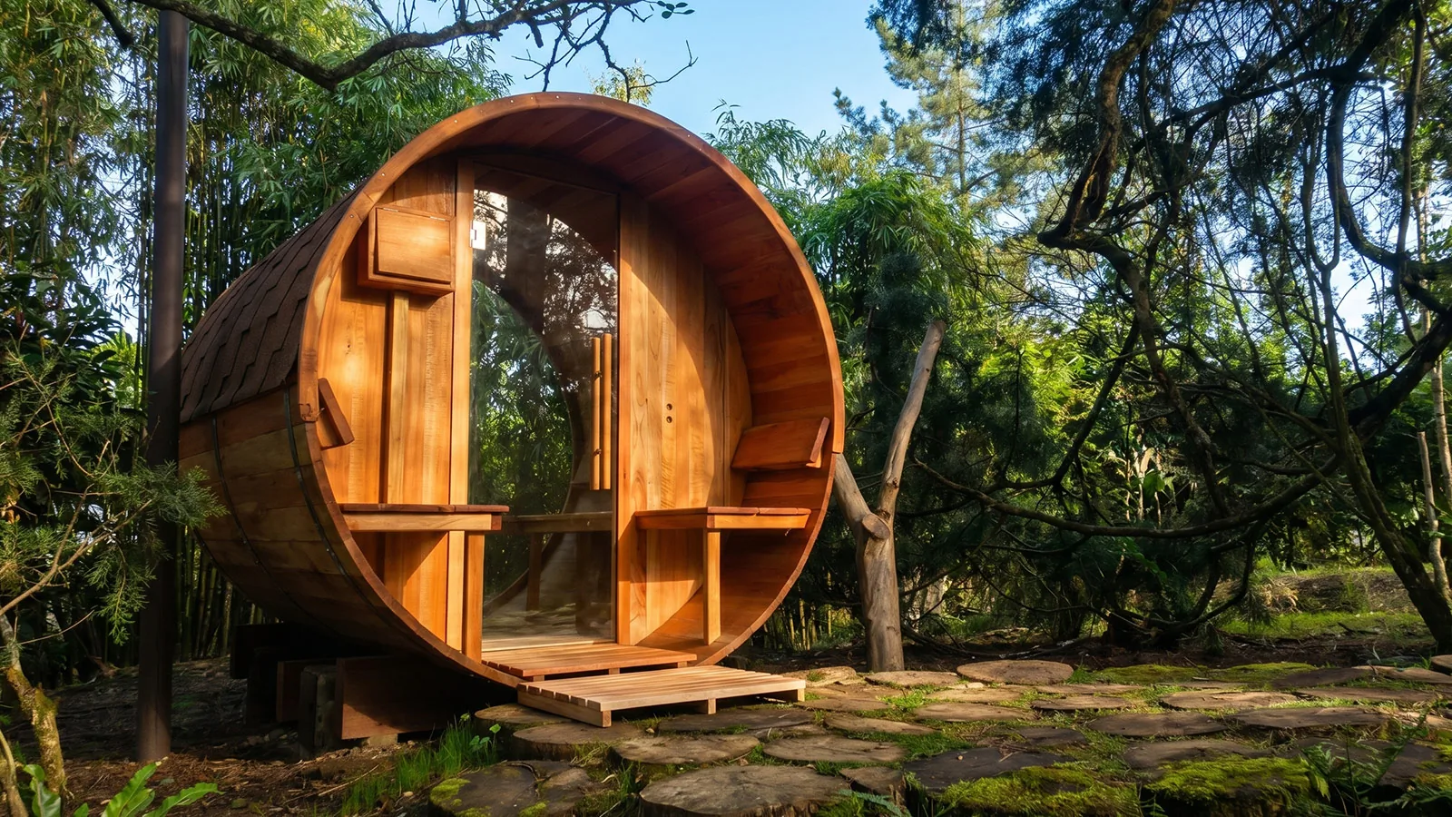 Sauna barril 6 personas con pórtico exterior