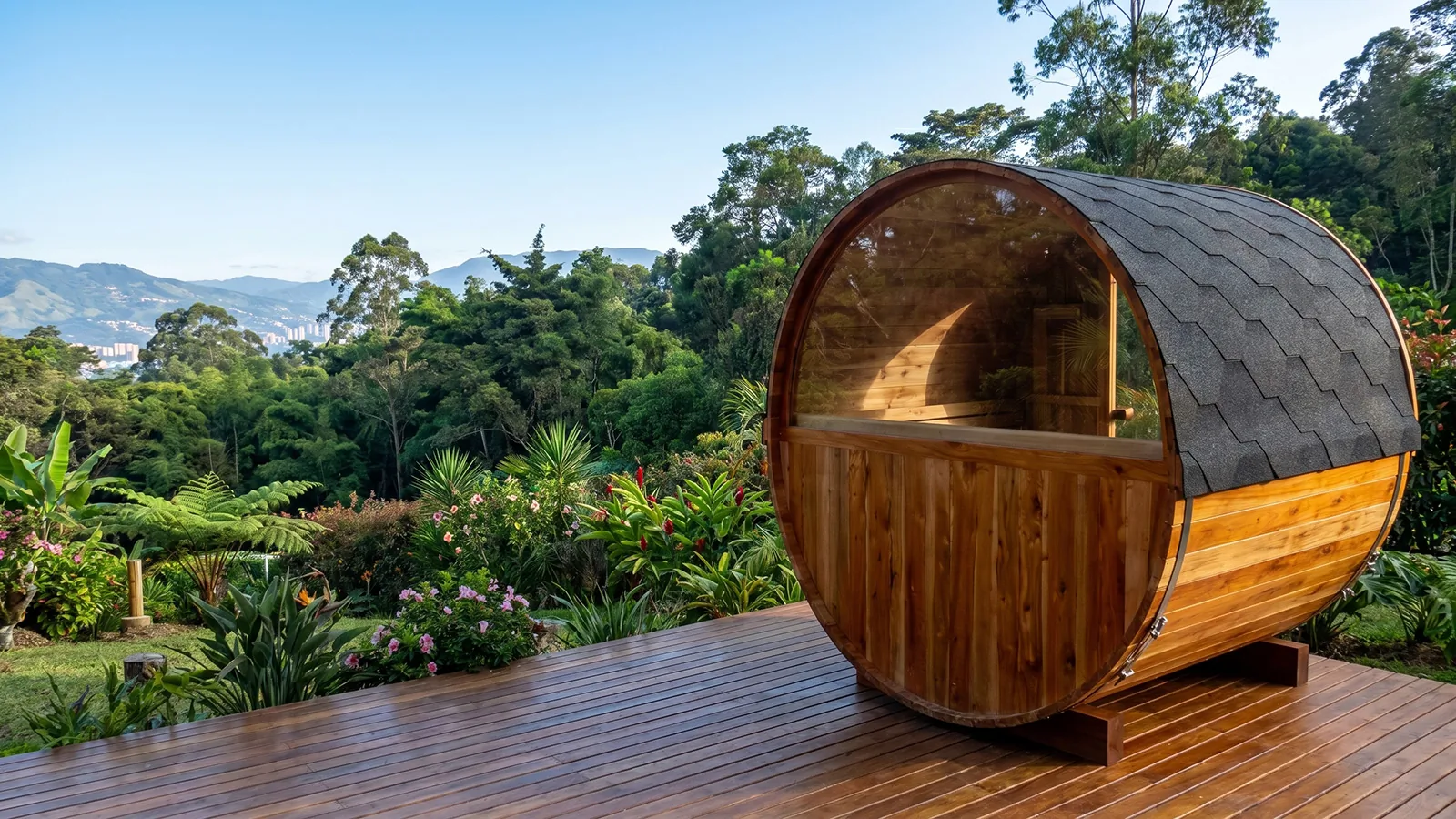 Detalle exterior de sauna barril con ventanal media luna